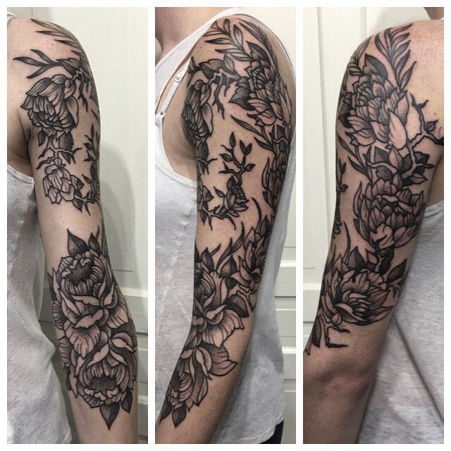 etching floral tattoo sleeve
