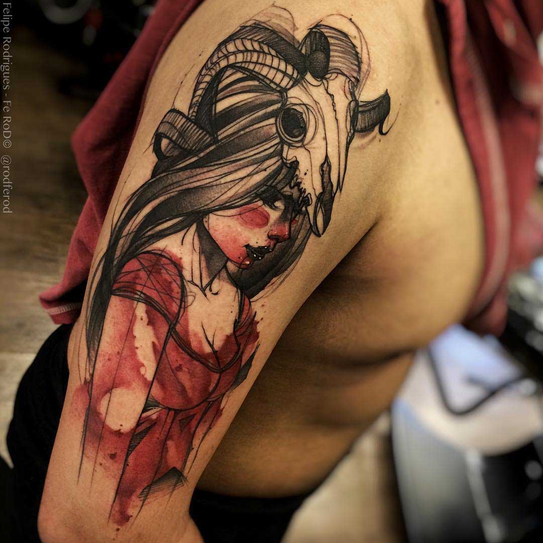 Warrior girl watercolo tattoo on shoulder