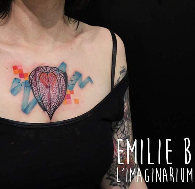 watercolor chest tattoo physalis
