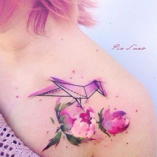 Pink Flowers Origami Bird Tattoo by pissaro_tattoo
