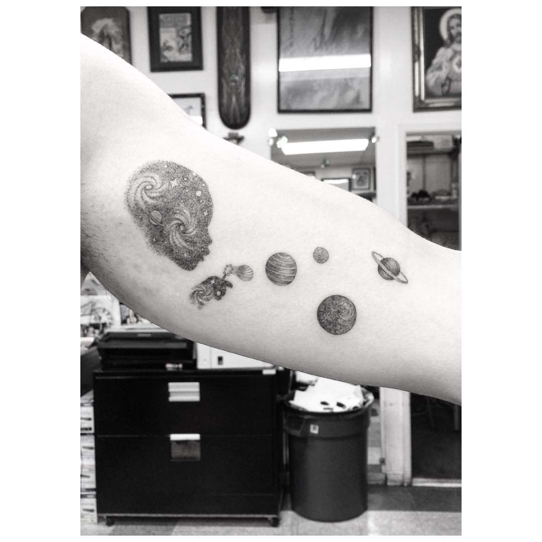 space dotwork tattoo artistic inner arm