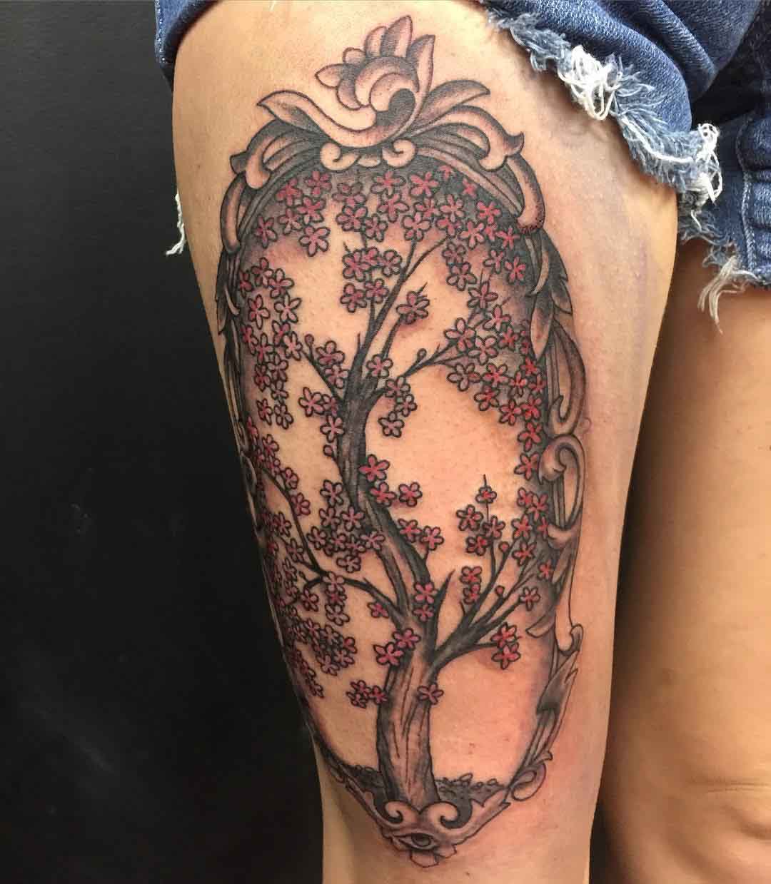 thigh tattoo tree cherry blossom
