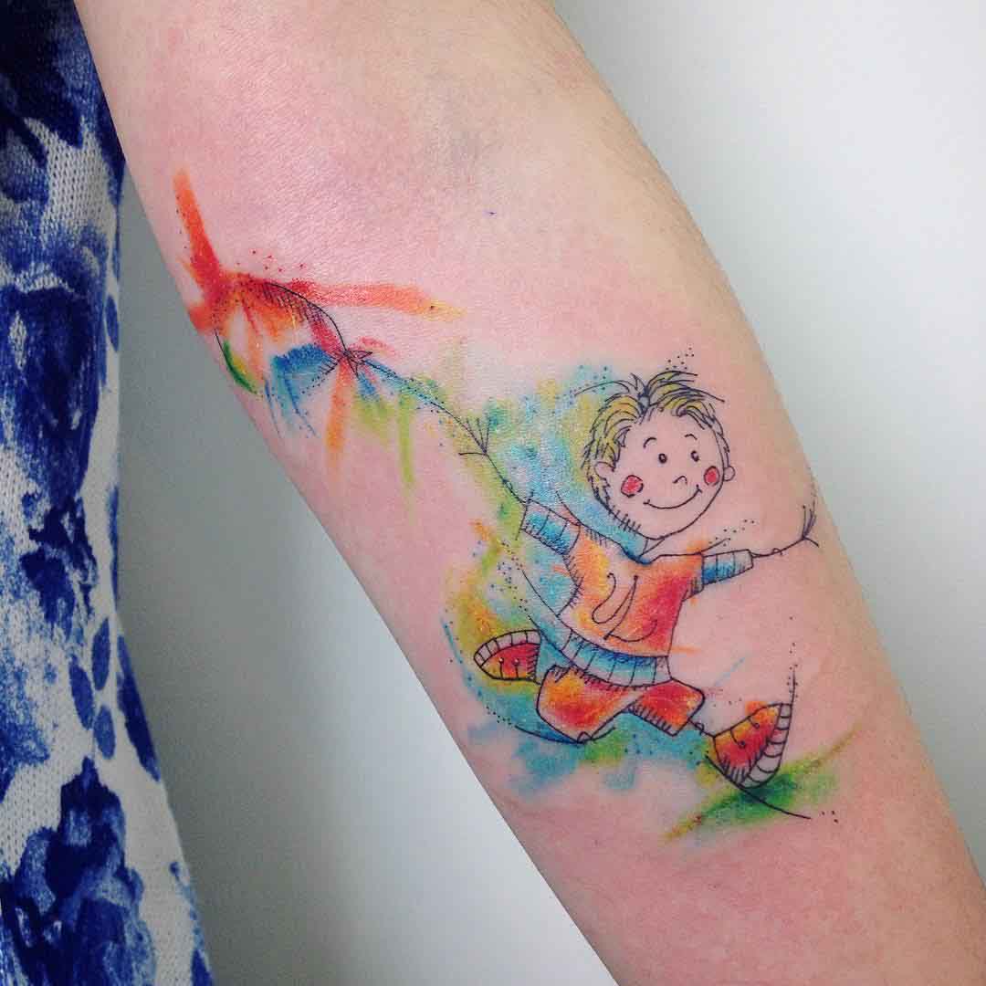 kid with ballon childhood tattoo watercolor
