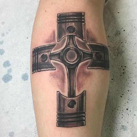 Crucifix Pistons Tattoo by electricempiretattooinc