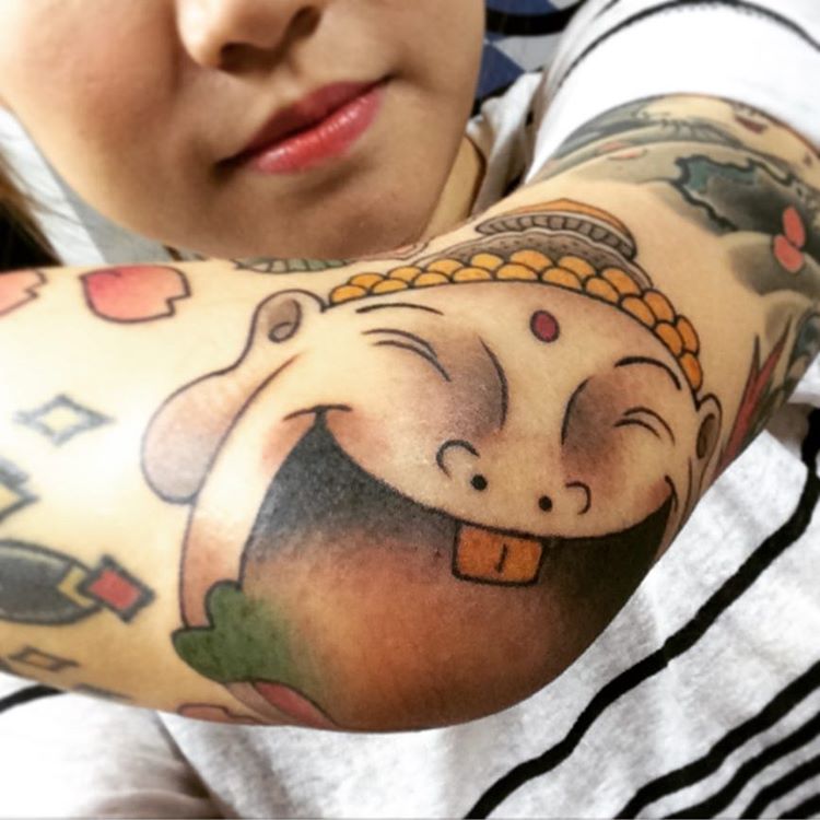 Happy Buddha Tattoo on Elbow by rakhan_ink