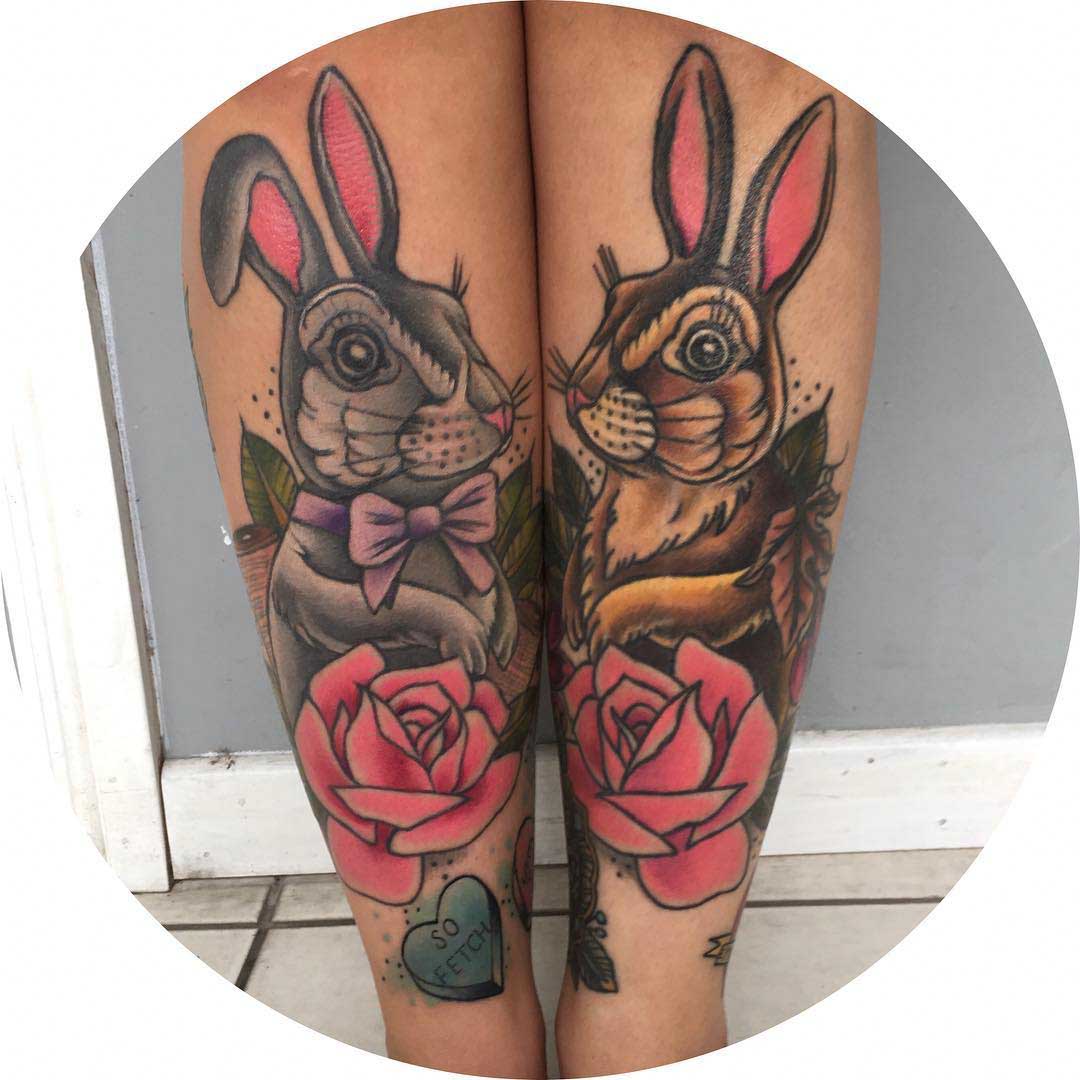 Hares Tattoos on Shins by sjtattoos
