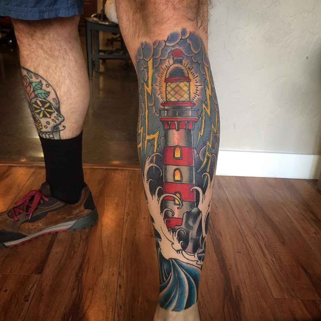 Lighthouse Leg Tattoo by justinctattoo