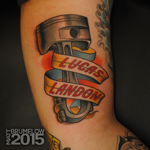 Name Ribbon Piston Tattoo by brumelow_ink