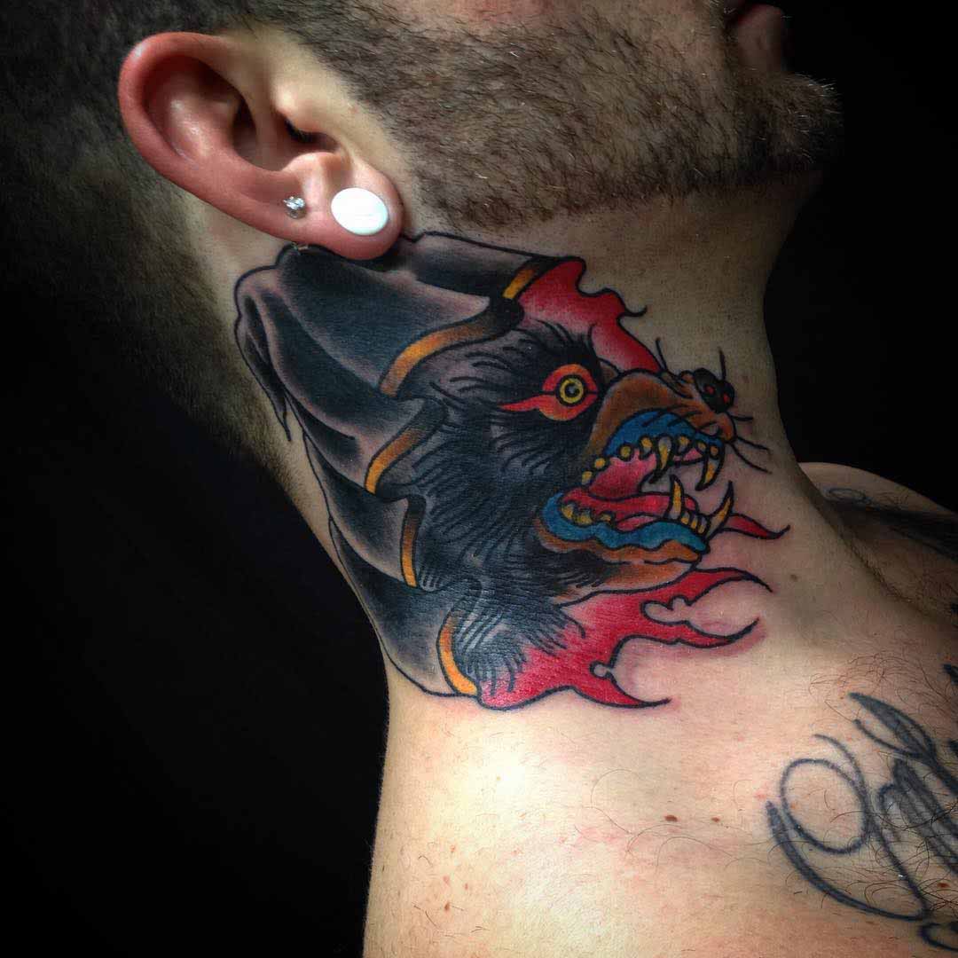 demon wolf neck tattoo cover-up