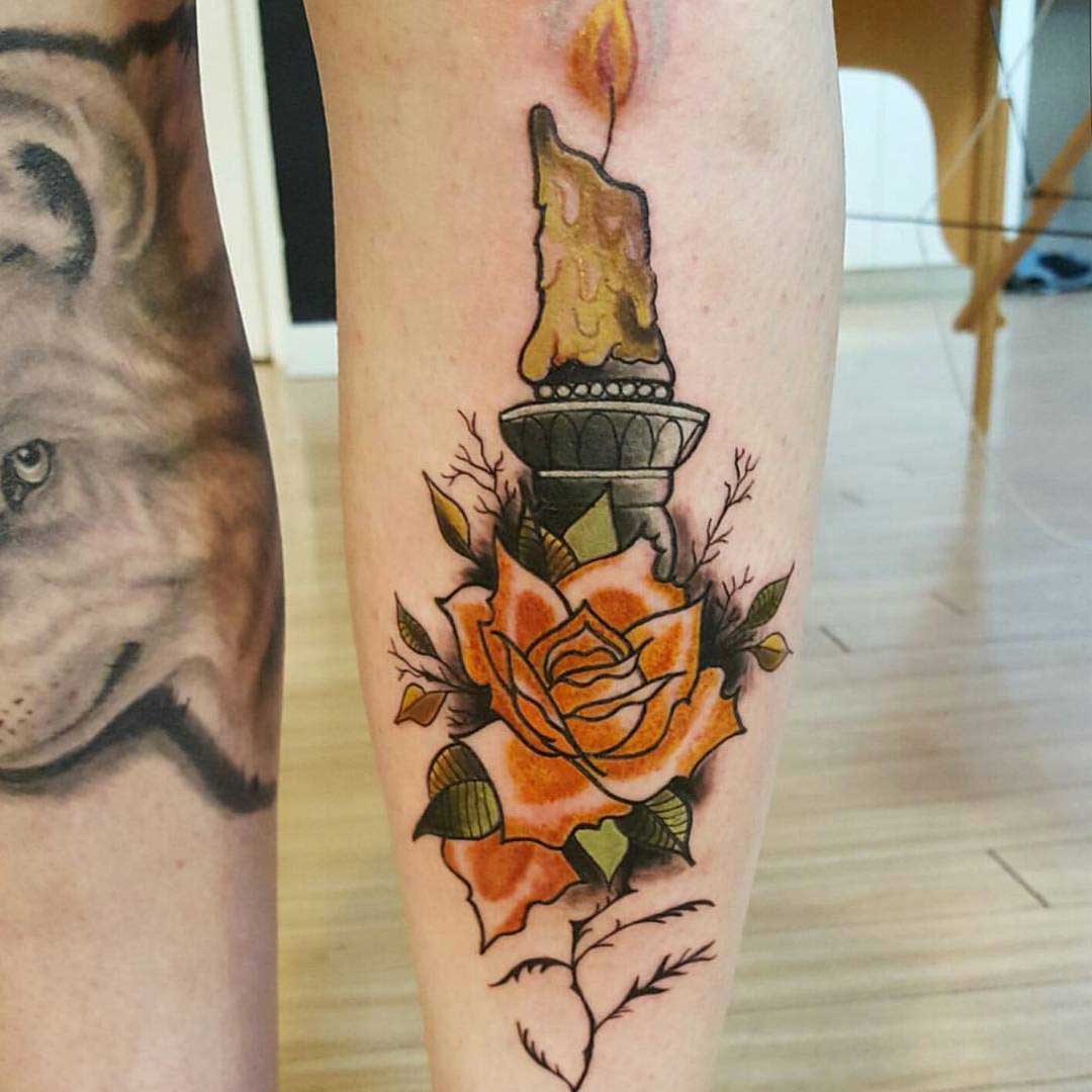 Rose and Candle Tattoo on Shin by @lauratattoos_