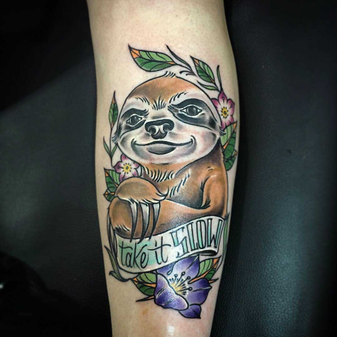 Shin Tattoo Sloth by brandonwhistler