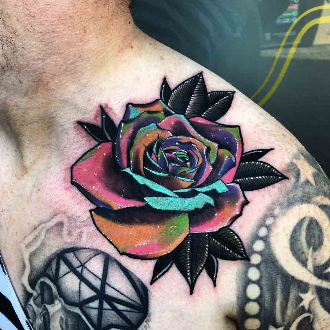space petals rose tattoo collar bone