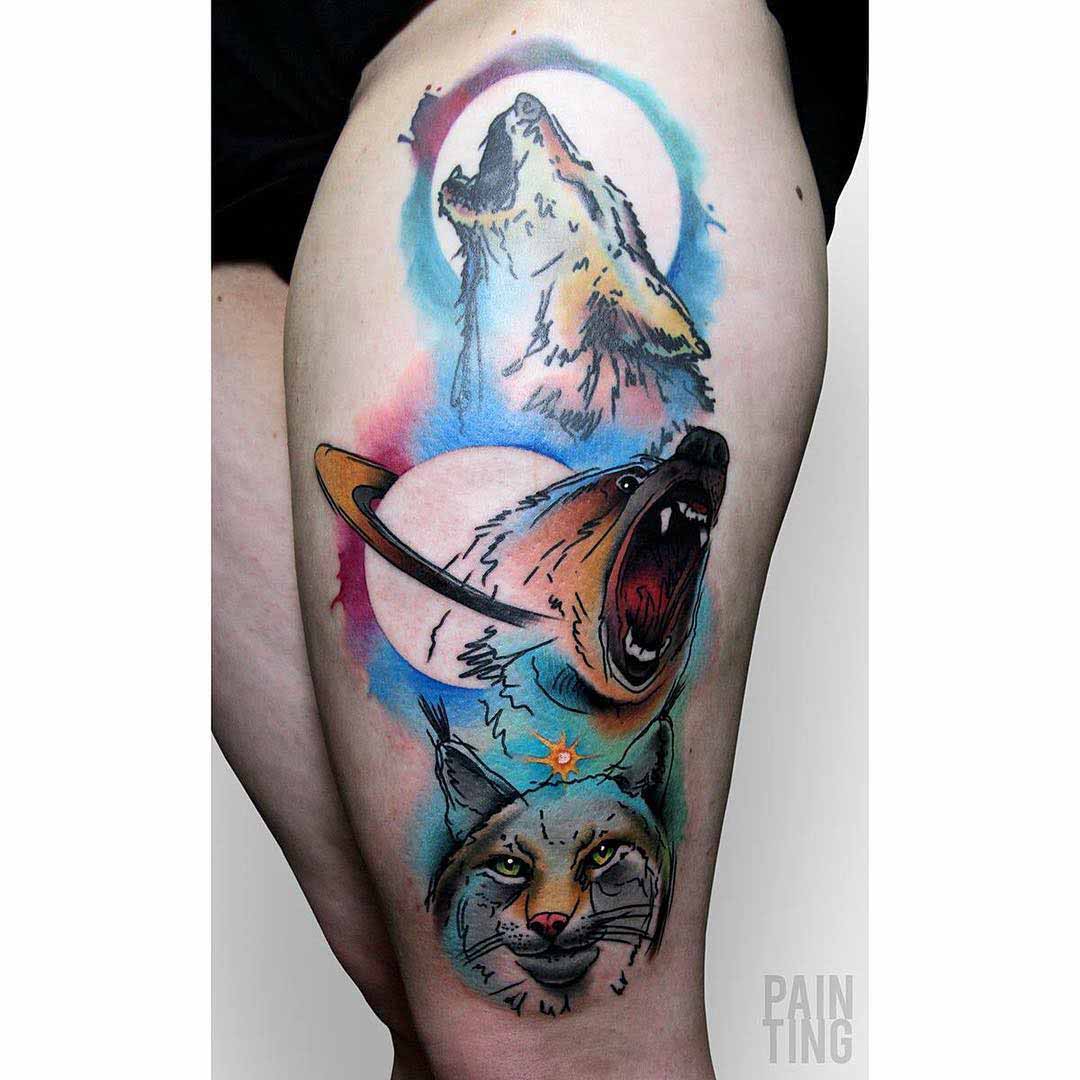 wild animals tattoo on hip