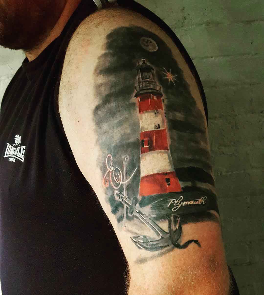 nautical shoulder tattoo realistic lighthouse