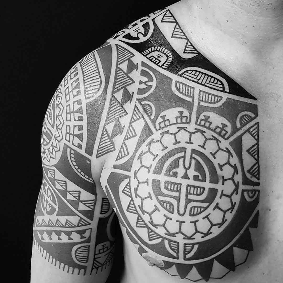 chest to shoulder sleeve polynesian tattoo