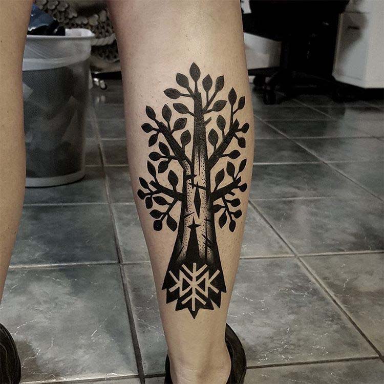 calf tattoo tree with runes