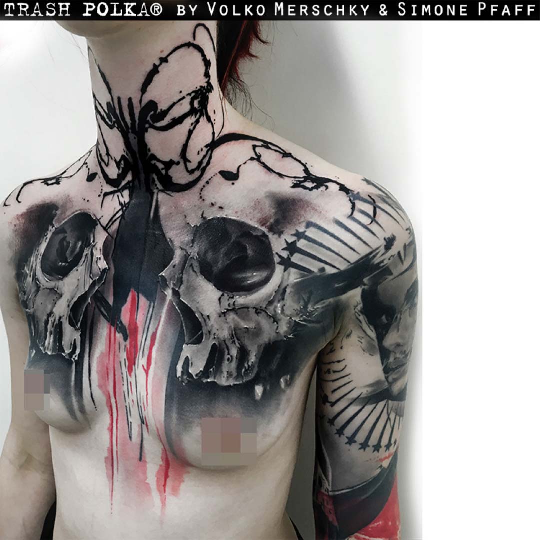 skulls tattoo on chest trash polka style