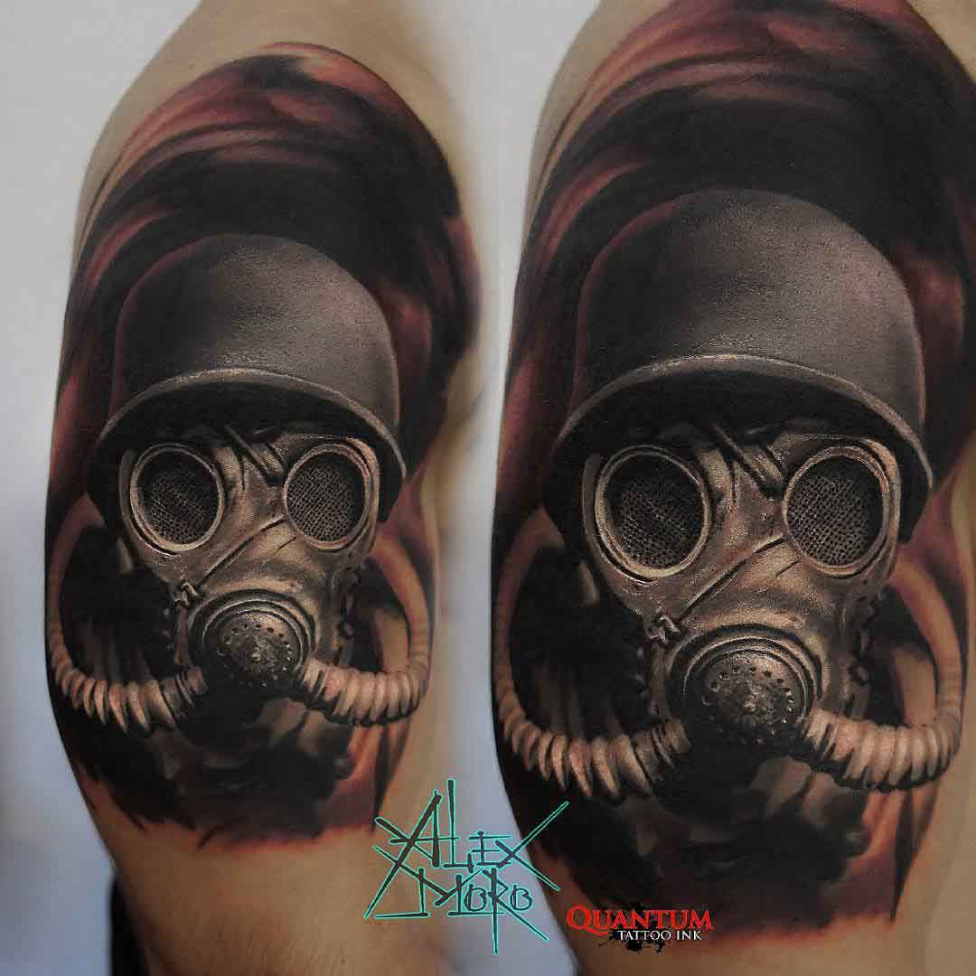 realistic tattoo gas mask on shoulder