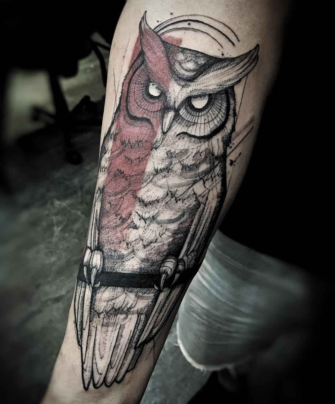 forearm tattoo owl half red David Bowie tribute
