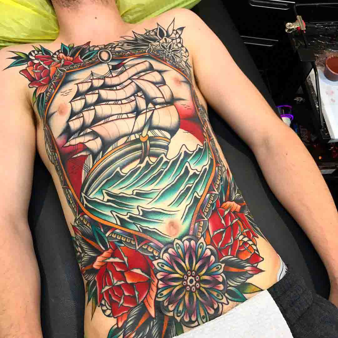 full body ship tattoo nautical