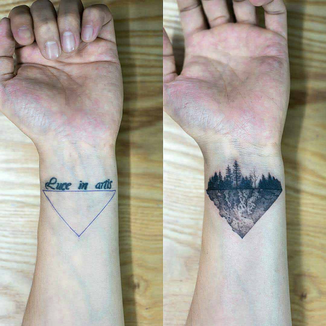 wrist tattoo cover-up triangle forest