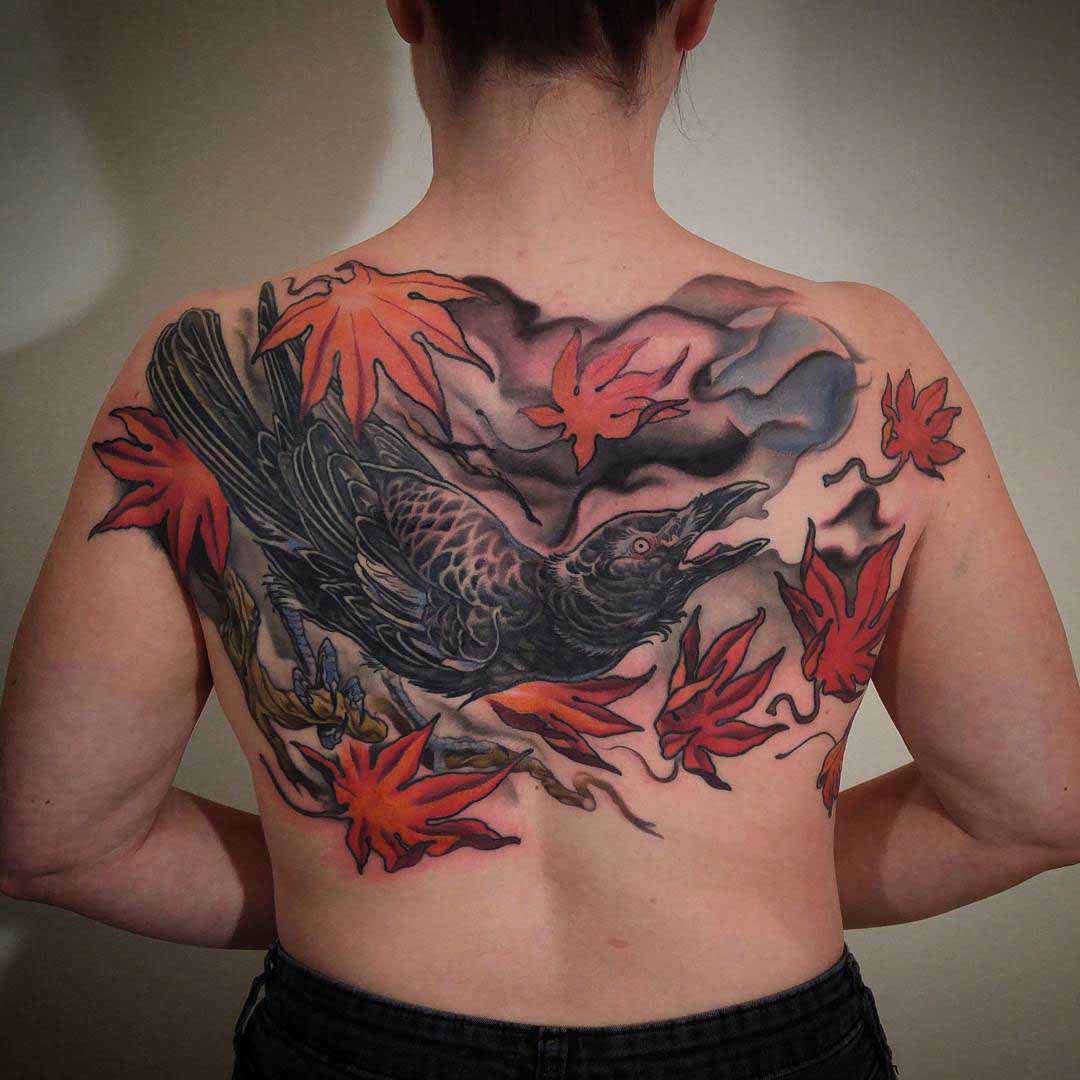 oriental tattoo crow on back