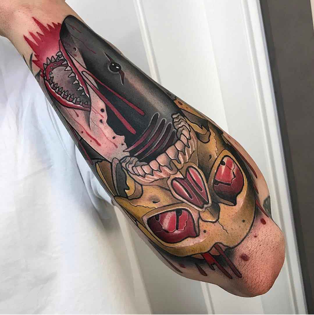 skull and shark tattoo on arm Neo-traditional