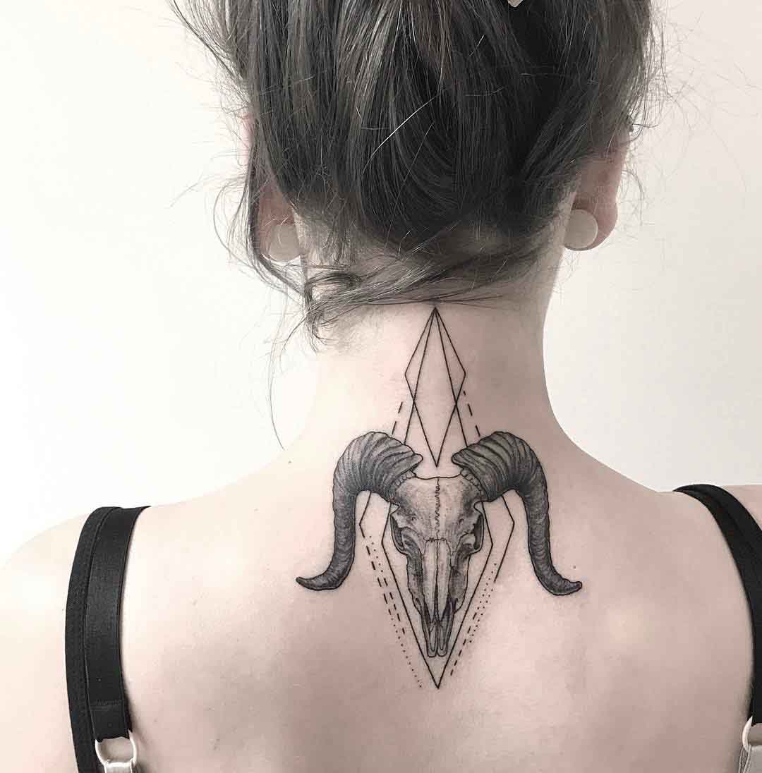ram skull tattoo on neck nape