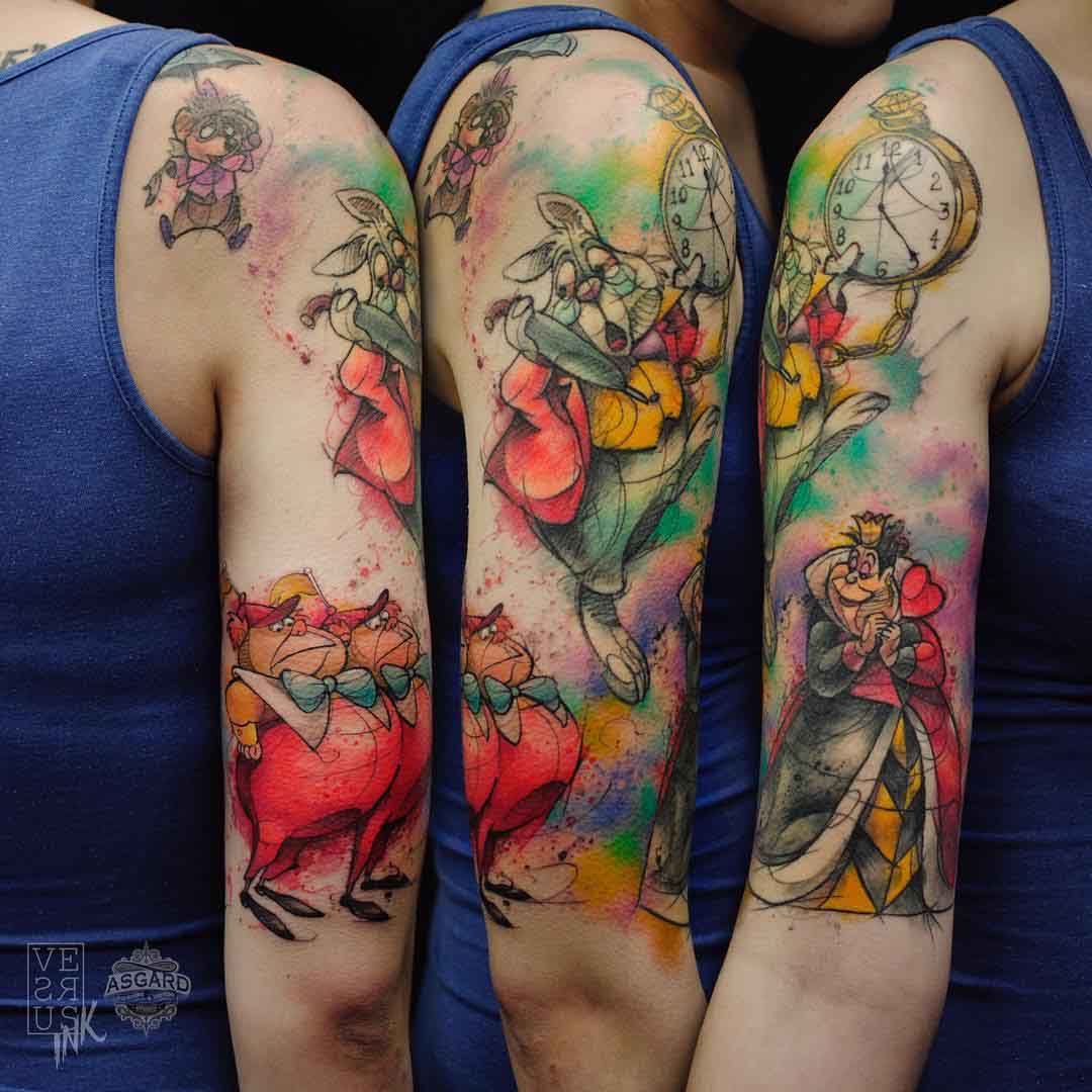alice in wonderland tattoo colorful design