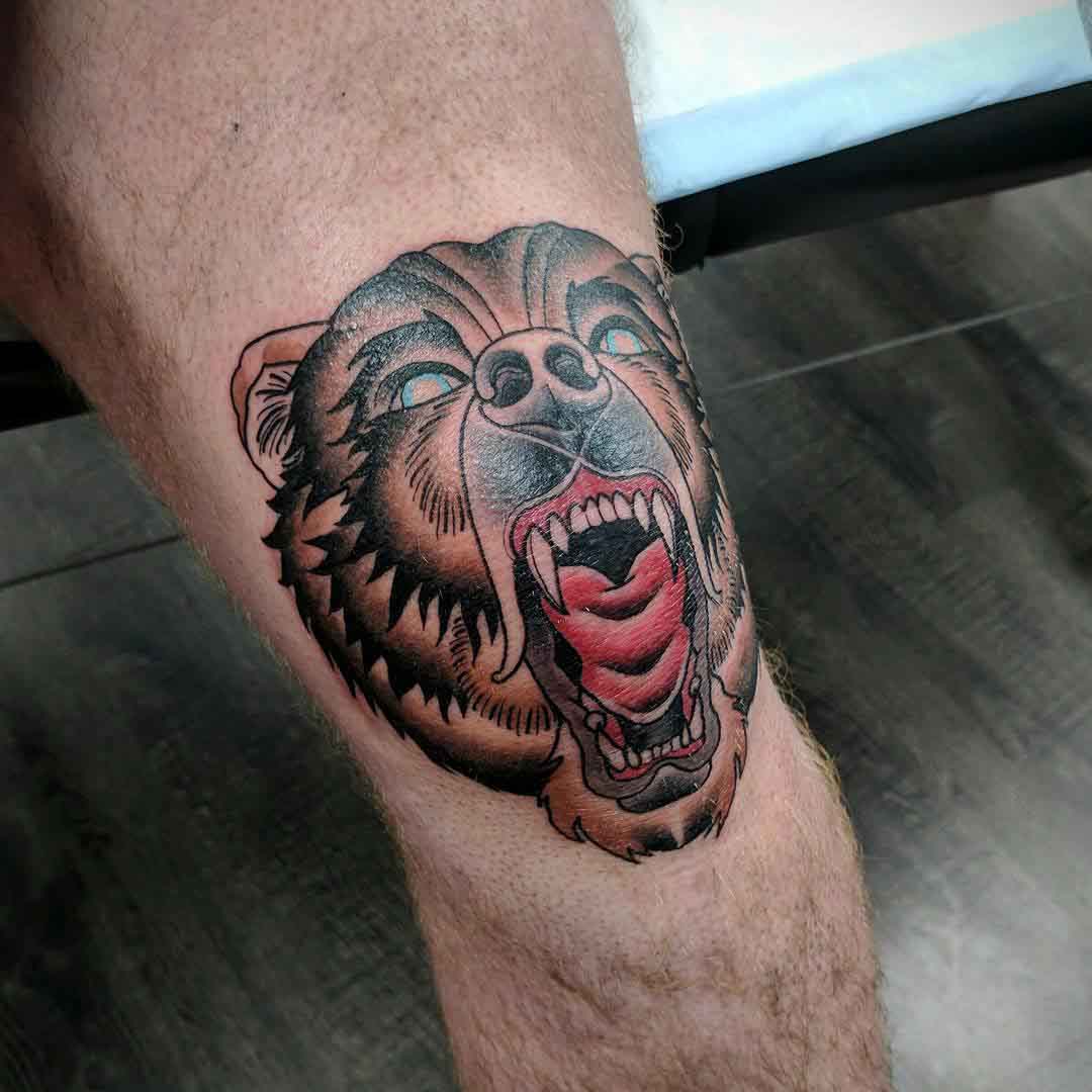 knee tattoo bear neo-traditional