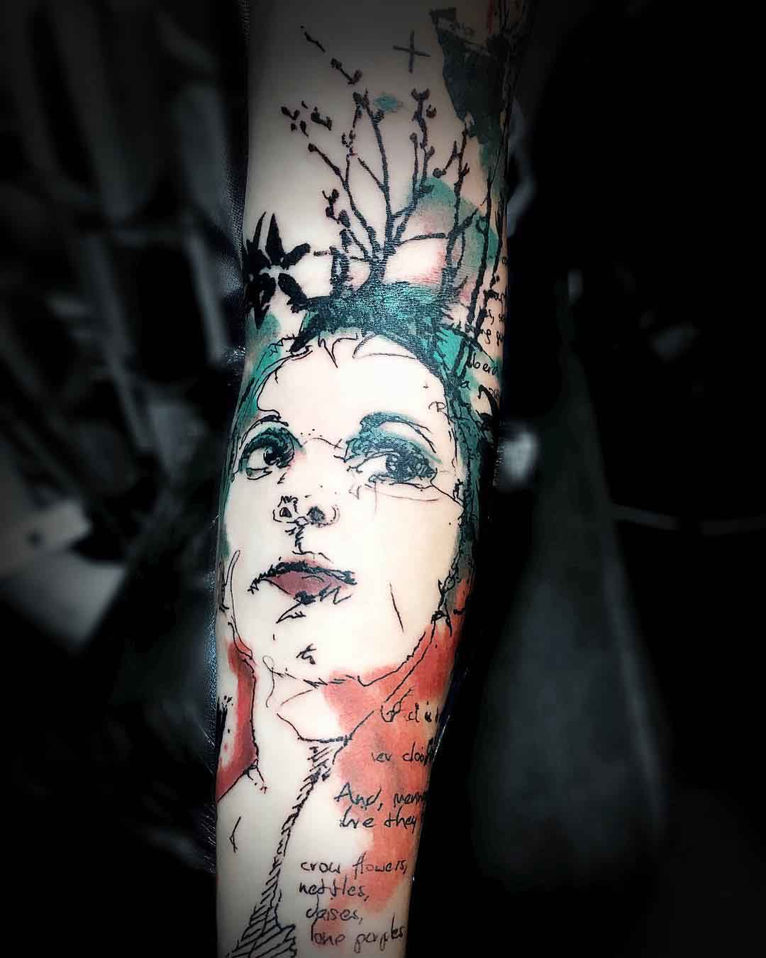 arm tattoo forest portrait watercolor style