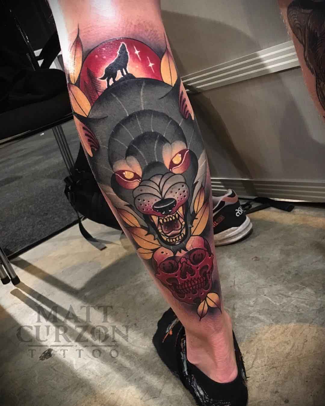 calf tattoo wolf neo-traditional style