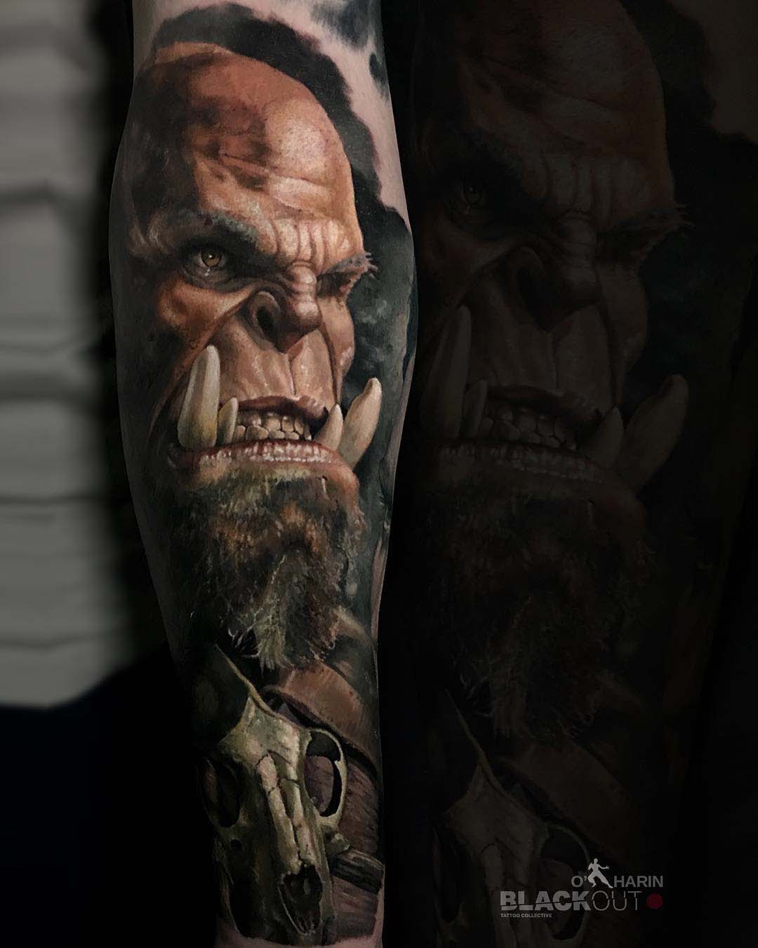 awesome realistic orc portrait tattoo world of warcraft