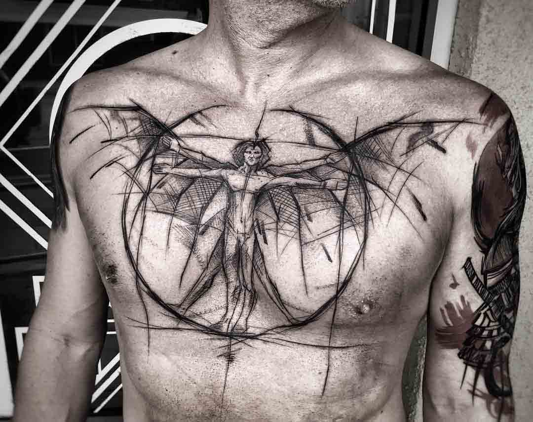 chest tattoo da Vinci man