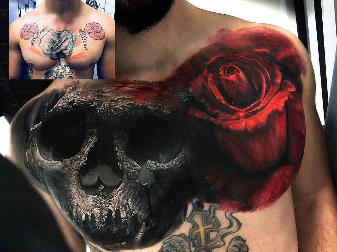 skull and rose tattoo cover up on chest
