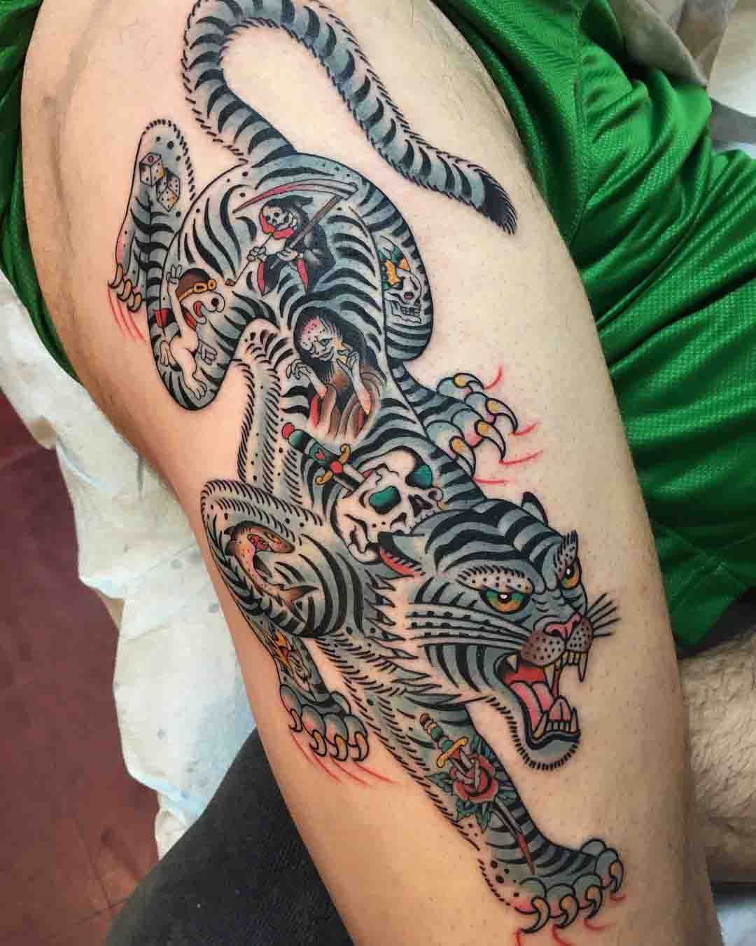 thigh tattoo tiger traditional style