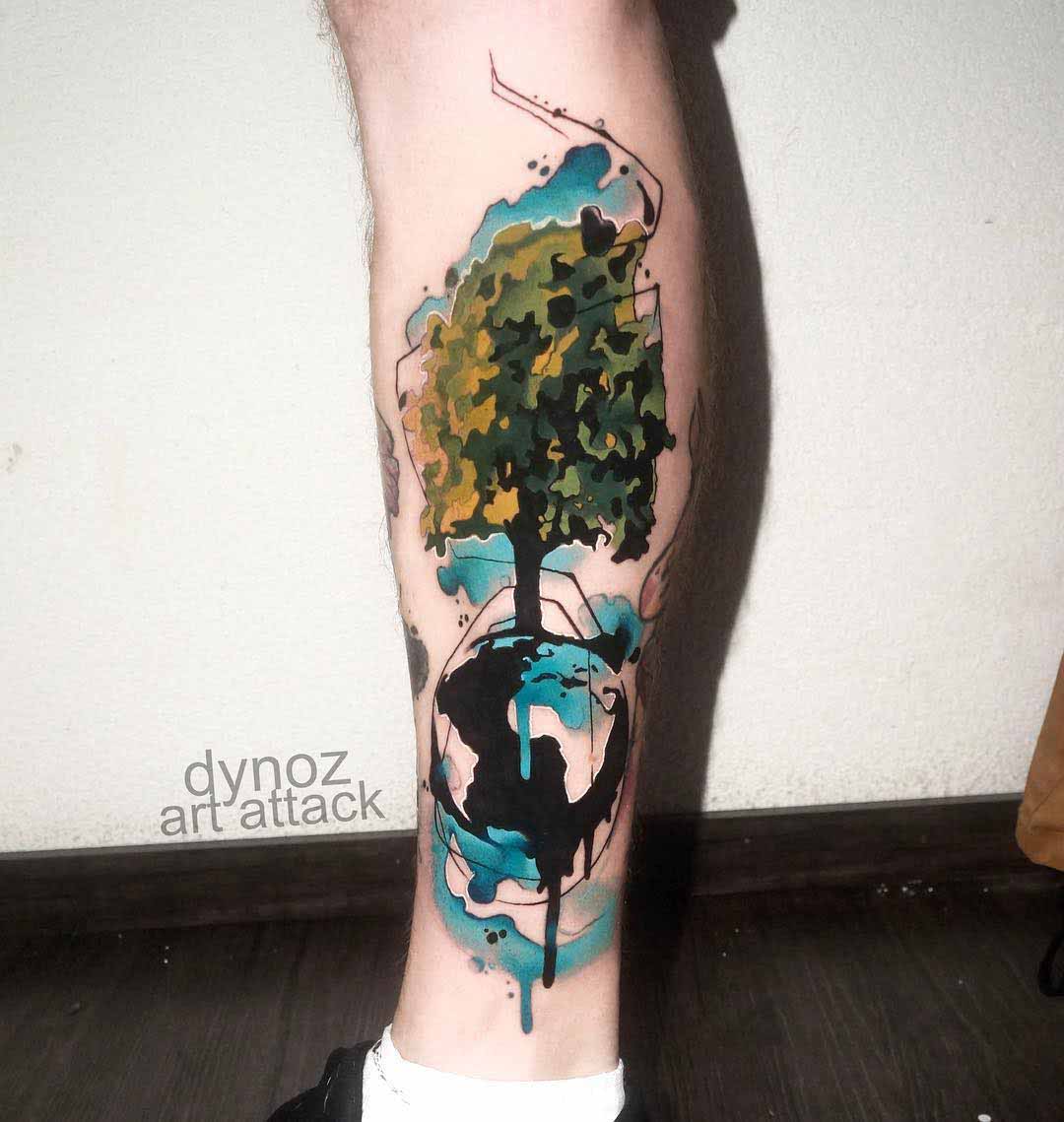 calf tattoo tree watercolor