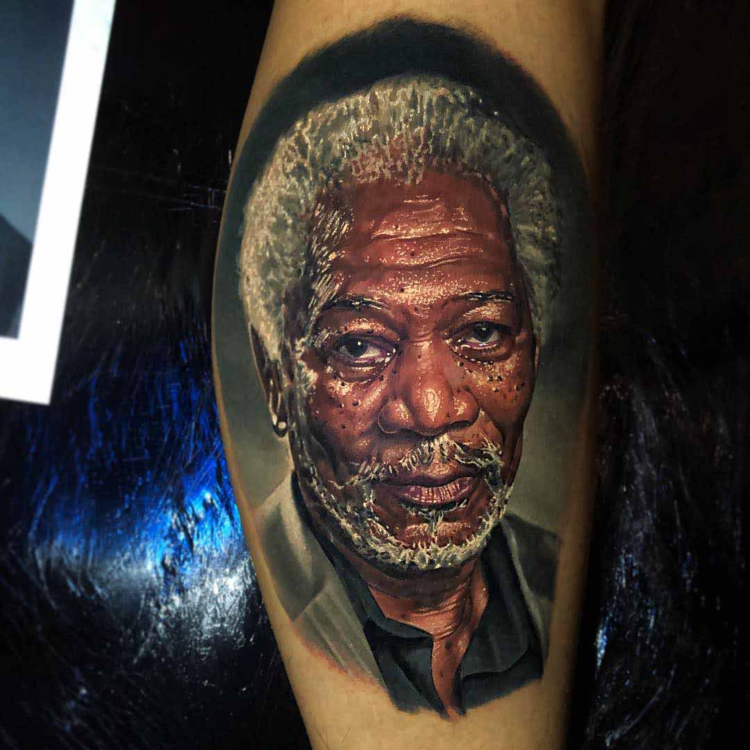 realistic portrait tattoo Morgan Freeman