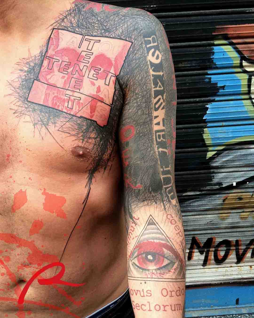 chest shoulder sleeve trash polka tattoo