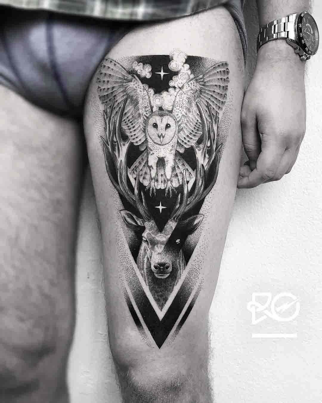 thigh tattoo owl and deer