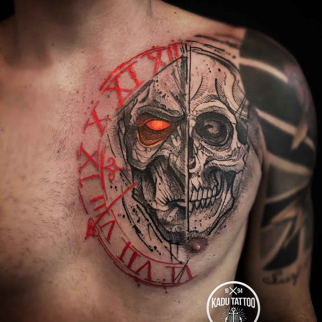 chest tattoo clock demon