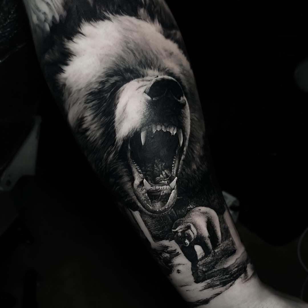 arm tattoo bear black and grey
