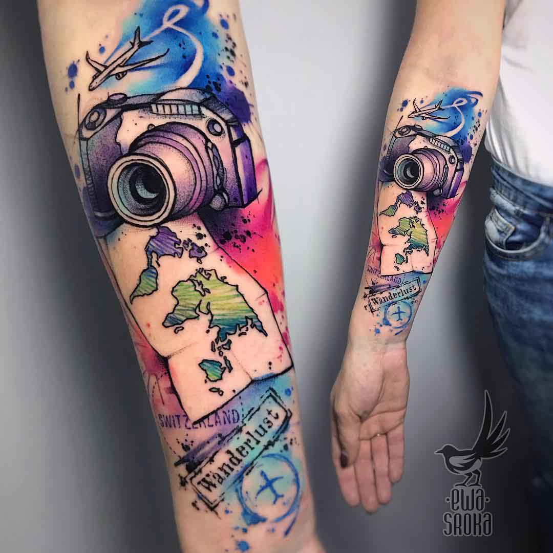 arm tattoo sleeve camera and map