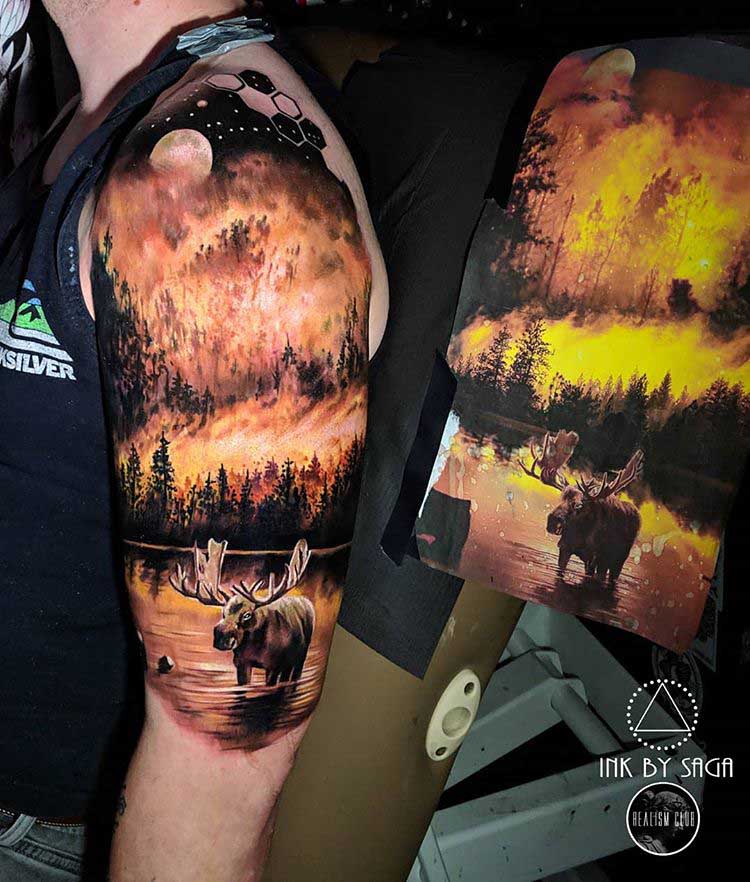 shoulder tattoo forest fire